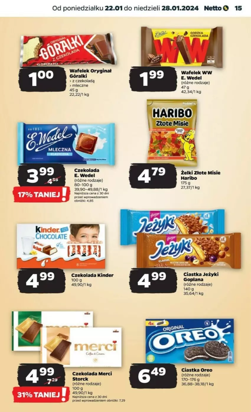 Gazetka promocyjna Netto - ważna 22.01 do 28.01.2024 - strona 7 - produkty: Ciastka, Czekolada, E. Wedel, Gin, Goplana, Góralki, Haribo, Kinder, LANA, Merci, Wafelek