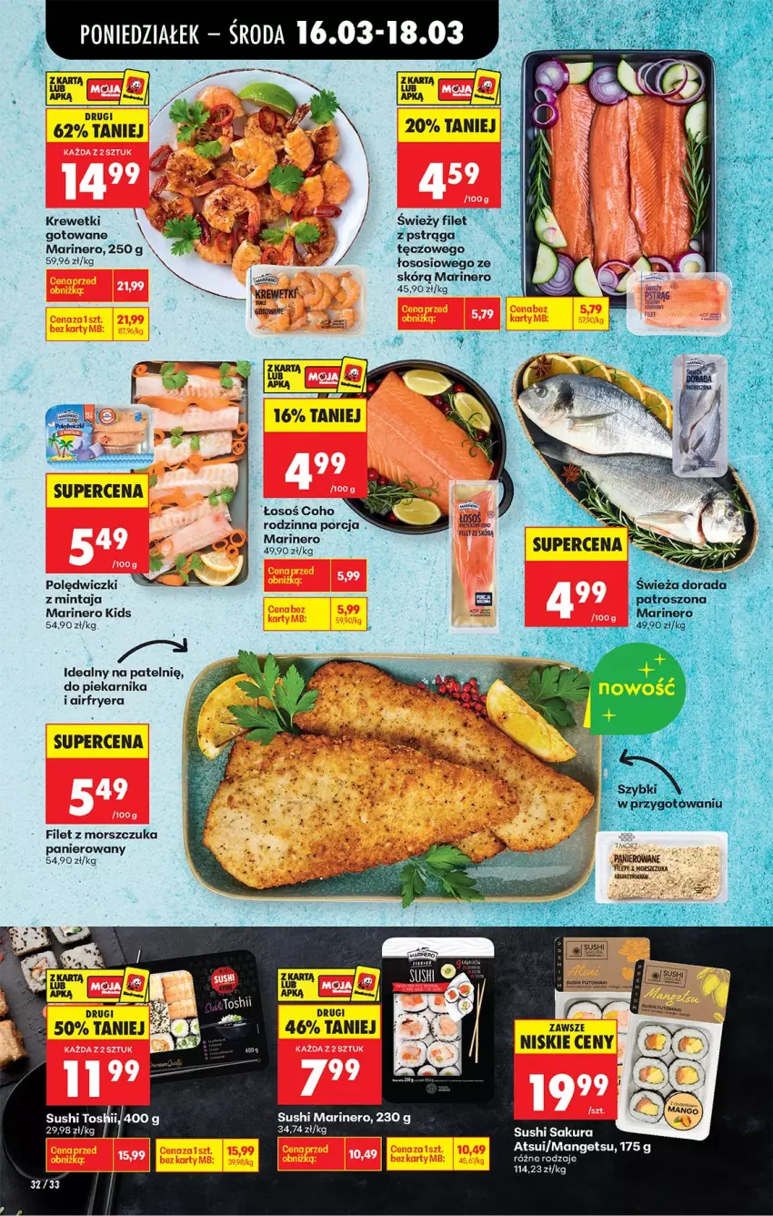 Gazetka promocyjna Biedronka - Od Poniedziałku - ważna 16.03 do 21.03.2026 - strona 40 - produkty: Fa, Filet z morszczuka, Krewetki, Mintaj, Piekarnik, Por, Sushi