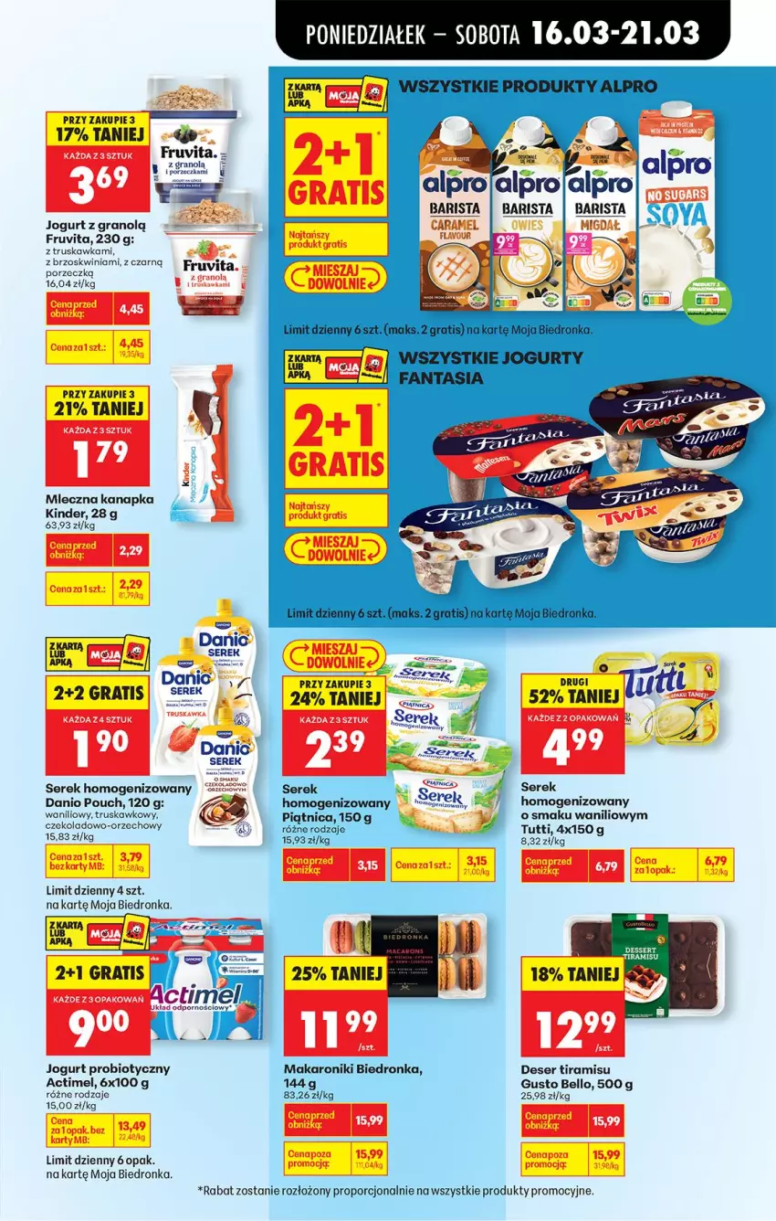 Gazetka promocyjna Biedronka - Od Poniedziałku - ważna 16.03 do 21.03.2026 - strona 43 - produkty: Actimel, Alpro, Bell, Danio, Deser, Fa, Fanta, Gra, Jogurt, Kawa, Kinder, Makaron, Mleczna kanapka, Por, Ser, Serek, Serek homogenizowany