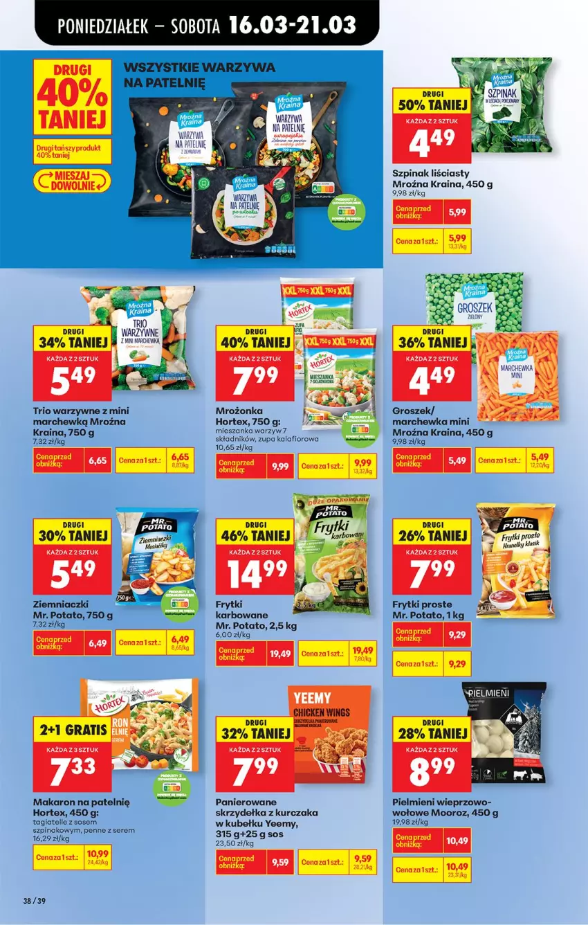 Gazetka promocyjna Biedronka - Od Poniedziałku - ważna 16.03 do 21.03.2026 - strona 46 - produkty: Frytki, Hortex, Kalafior, Kurczak, Makaron, Marchewka, Mieszanka warzyw, Penne, Ser, Skrzydełka z kurczaka, Sos, Szpinak, Zupa, Zupa kalafiorowa