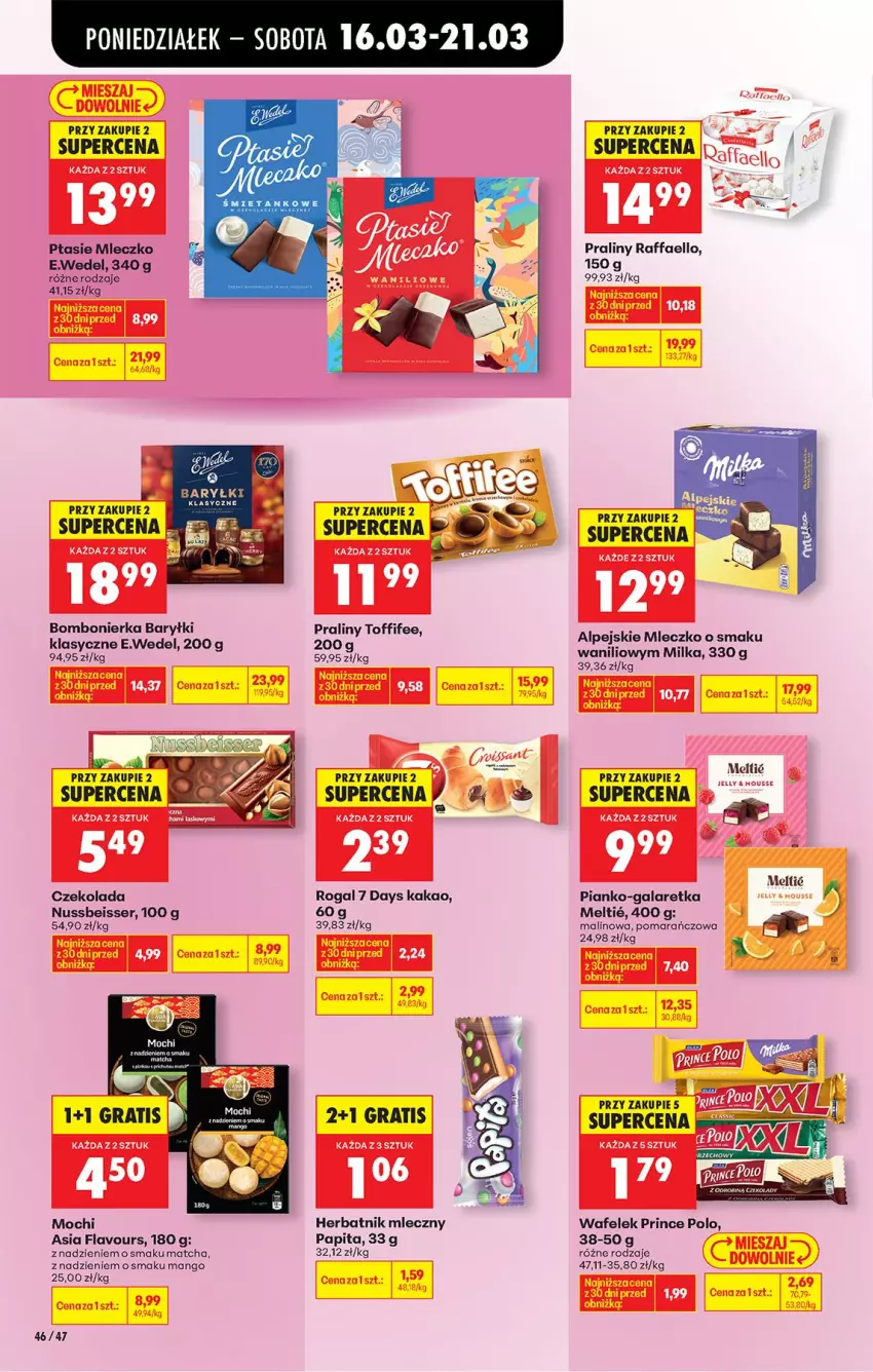 Gazetka promocyjna Biedronka - Od Poniedziałku - ważna 16.03 do 21.03.2026 - strona 56 - produkty: 7 Days, Baryłki, Czekolada, Fa, Gala, Galaretka, Gra, Kakao, Mango, Milka, Mleczko, Praliny, Prince Polo, Ptasie mleczko, Raffaello, Rogal, Ser, Toffifee, Wafelek