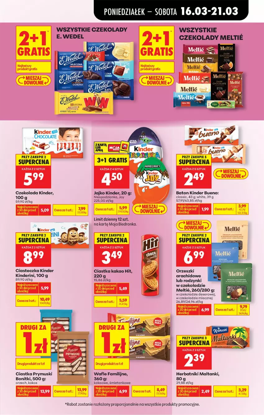 Gazetka promocyjna Biedronka - Od Poniedziałku - ważna 16.03 do 21.03.2026 - strona 57 - produkty: Baton, Bonitki, Ciastka, Czekolada, Deser, E. Wedel, Fa, Herbatniki, Kakao, Kinder, Kinder Bueno, Kokos, Mus, Orzeszki, Por, Rodzynki, Ser, Wafle