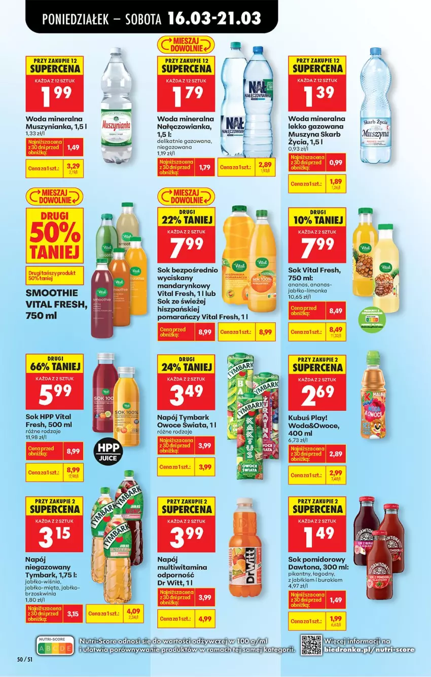 Gazetka promocyjna Biedronka - Od Poniedziałku - ważna 16.03 do 21.03.2026 - strona 62 - produkty: Buraki, Dawtona, HP, Kubuś, Limonka, Mięta, Mus, Muszynianka, Nałęczowianka, Napój, Napój niegazowany, Owoce, Por, Smoothie, Sok, Sok pomidorowy, Szyna, Tymbark, Woda, Woda mineralna