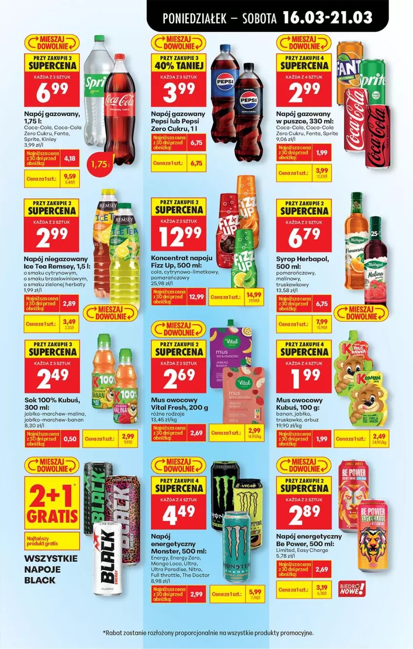 Gazetka promocyjna Biedronka - Od Poniedziałku - ważna 16.03 do 21.03.2026 - strona 63 - produkty: Arbuz, Coca-Cola, Fa, Fanta, Full Throttle, Herbapol, Kubuś, Lack, Mango, Mus, Napój, Napój gazowany, Napój niegazowany, Napoje, Pepsi, Por, Sok, Sprite, Syrop