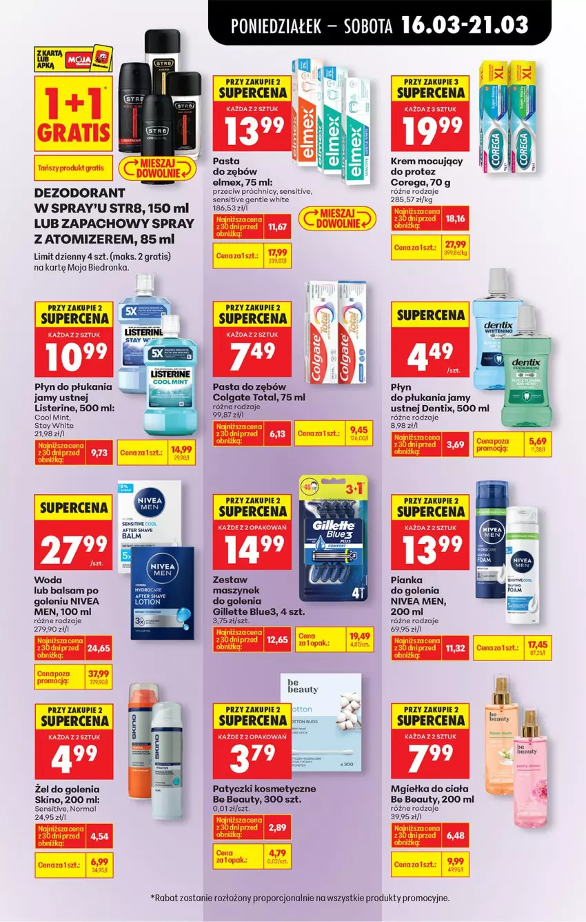 Gazetka promocyjna Biedronka - Od Poniedziałku - ważna 16.03 do 21.03.2026 - strona 67 - produkty: Balsam po goleniu, Be Be, Colgate, Colgate Total, Corega, Dezodorant, Elmex, Fa, Gillette, Gra, LG, Listerine, Nivea, Nivea Men, Nuty, Pasta do zębów, Patyczki kosmetyczne, Płyn do płukania, Płyn do płukania jamy ustnej, Por, Str8, Woda
