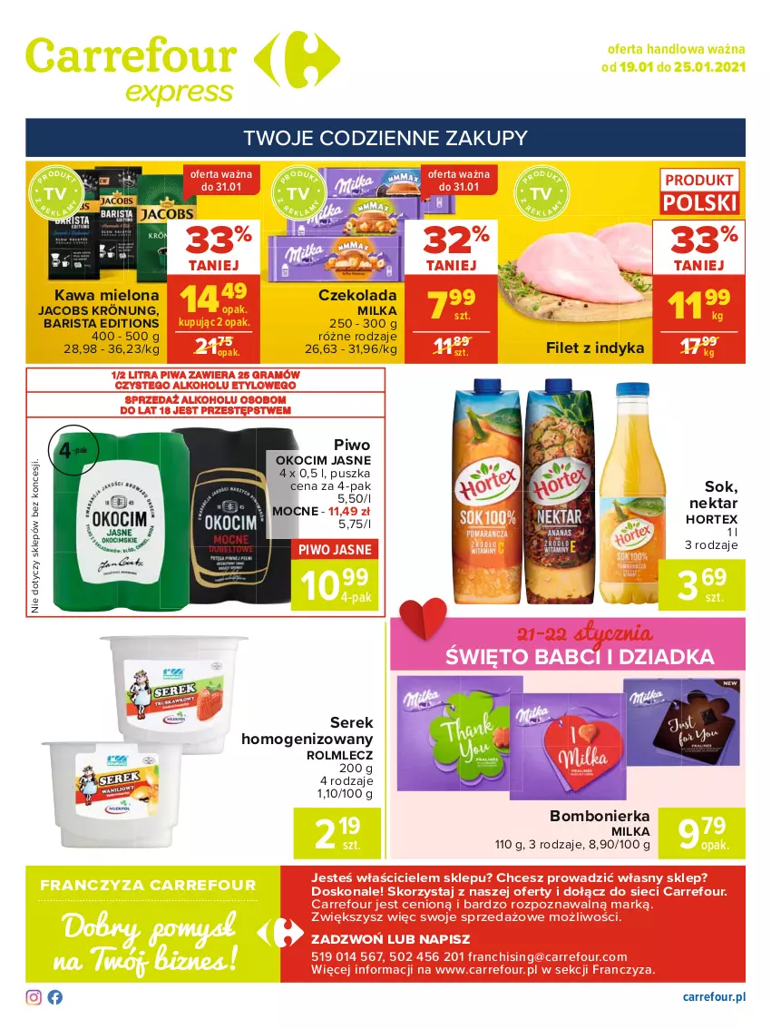 Gazetka promocyjna Carrefour - Gazetka Express - ważna 18.01 do 25.01.2021 - strona 2 - produkty: Czekolada, Gra, Hortex, Jacobs, Jacobs Krönung, Kawa, Kawa mielona, Koc, Milka, Nektar, Okocim, Piwa, Piwo, Piwo jasne, Rolmlecz, Ser, Serek, Serek homogenizowany, Sok