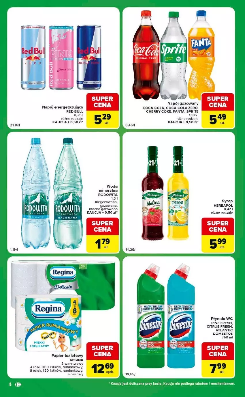 Gazetka promocyjna Carrefour - Gazetka Express w SUMIE ekspresowe zakupy - ważna 21.07 do 27.07.2026 - strona 4 - produkty: Coca-Cola, Domestos, Fa, Fanta, Gin, Herbapol, Napój, Napój gazowany, Papier, Papier toaletowy, Płyn do wc, Red Bull, Rolki, Rum, Sprite, Syrop, Woda, Woda mineralna