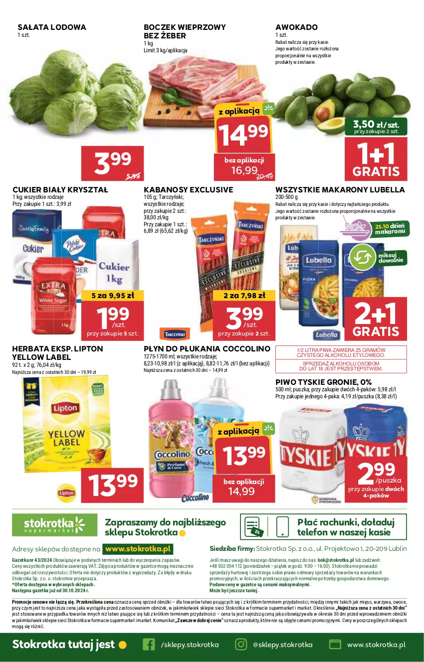 Gazetka promocyjna Stokrotka - Supermarket Opole/Radom - ważna 24.10 do 29.10.2024 - strona 37 - produkty: Bell, Bella, Boczek, Boczek wieprzowy, Coccolino, Cukier, Dres, Gra, Herbata, JBL, Kabanos, Lipton, Lubella, Makaron, Mięso, O nas, Owoce, Piwa, Piwo, Płyn do płukania, Por, Sałat, Sałata lodowa, Tarczyński, Telefon, Tyskie, Wagi, Warzywa