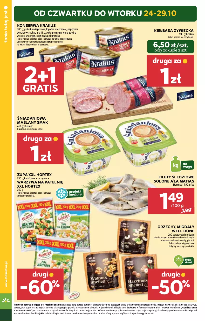 Gazetka promocyjna Stokrotka - Supermarket Opole/Radom - ważna 24.10 do 29.10.2024 - strona 4 - produkty: Danio, Golonka wieprzowa, Gra, Hortex, Kiełbasa, Krakus, Kurczak, Mięso, Migdały, Owoce, Papryka, Paprykarz, Por, Rodzynki, Ser, Sos, Szynka, Szynka premium, Warzywa, Wieprzowina, Zupa