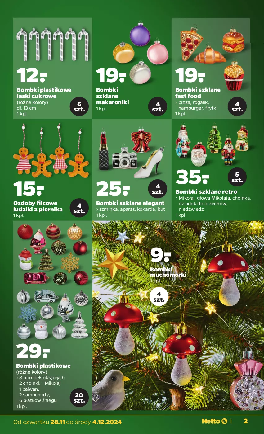 Gazetka promocyjna Netto - Od Czwartku Przemysłowa - ważna 28.11 do 04.12.2024 - strona 3 - produkty: Bombki, Burger, Choinka, Dziadek do orzechów, Fa, Frytki, Hamburger, Inka, Makaron, Piernik, Pizza, Rogal, Szminka