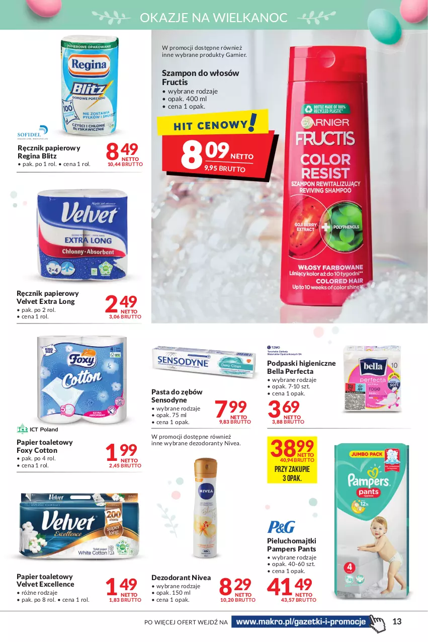 Gazetka promocyjna Makro - [Oferta promocyjna] Artykuły spożywcze i przemysłowe - ważna 05.04 do 18.04.2022 - strona 13 - produkty: Bell, Bella, Dezodorant, Foxy, Fructis, Garnier, Gin, Majtki, Nivea, Pampers, Papier, Papier toaletowy, Pasta do zębów, Perfecta, Pieluchomajtki, Podpaski, Ręcznik, Sensodyne, Szampon, Velvet