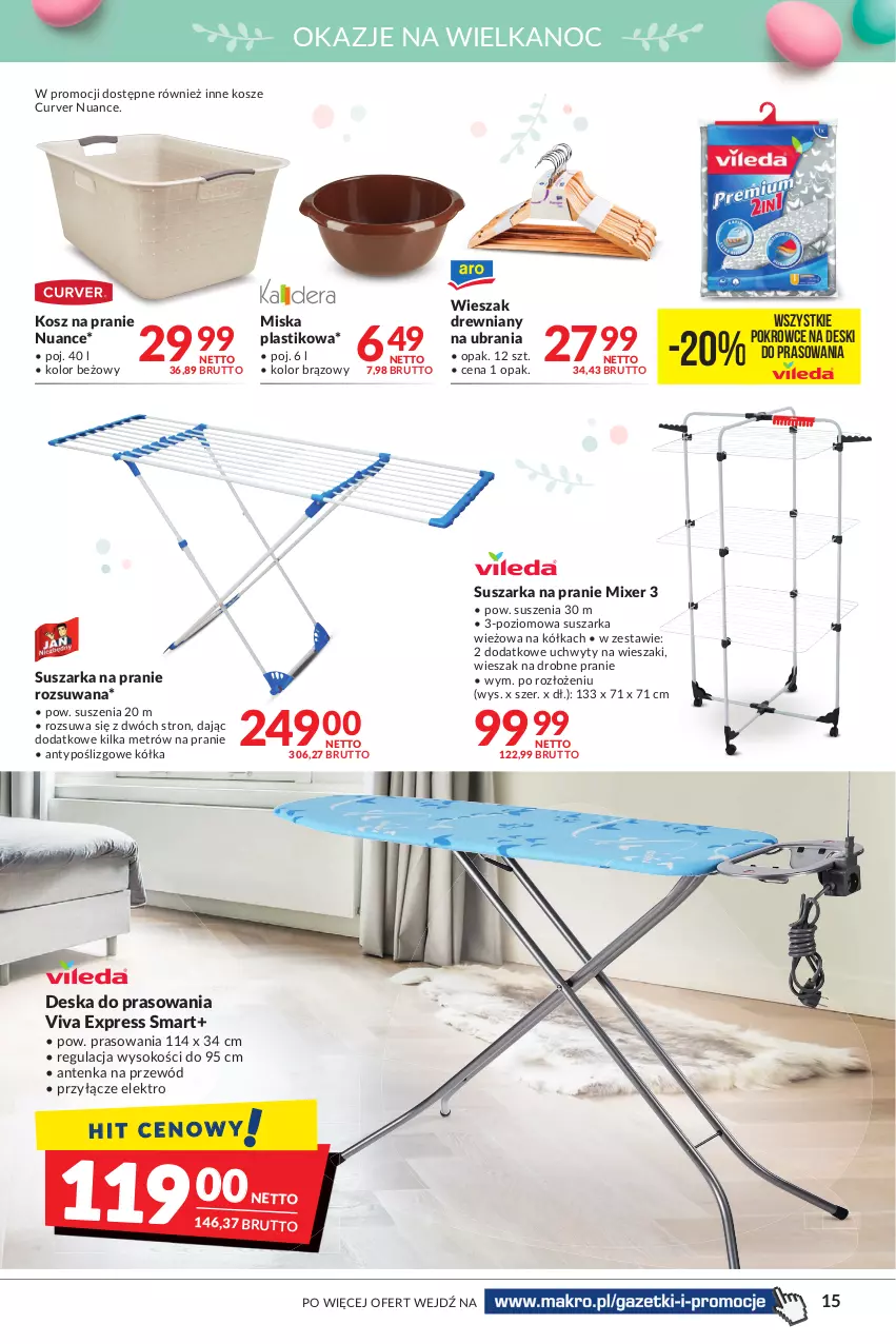 Gazetka promocyjna Makro - [Oferta promocyjna] Artykuły spożywcze i przemysłowe - ważna 05.04 do 18.04.2022 - strona 15 - produkty: Deska do prasowania, Kosz, Miska, Przewód, Sok, Suszarka, Suszarka na pranie, Ubrania, Uchwyty, Wieszak