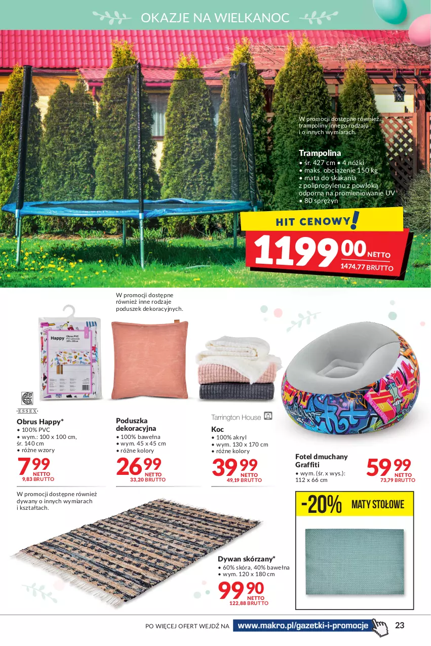 Gazetka promocyjna Makro - [Oferta promocyjna] Artykuły spożywcze i przemysłowe - ważna 05.04 do 18.04.2022 - strona 23 - produkty: Dywan, Fotel, Gra, Koc, Maty stołowe, Obrus, Poduszka, Poduszka dekoracyjna, Por, Wełna