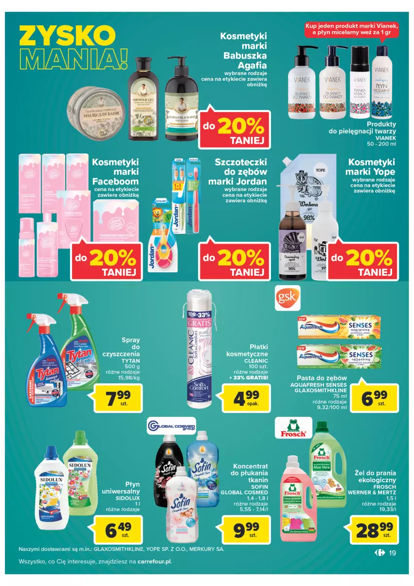 Gazetka promocyjna Carrefour - Gazetka Carrefour Zyskoteka - ważna 08.02 do 14.02.2022 - strona 19 - produkty: Aquafresh, Cleanic, Fa, Frosch, Gra, Pasta do zębów, Płyn micelarny, Senses, Tytan, Yope