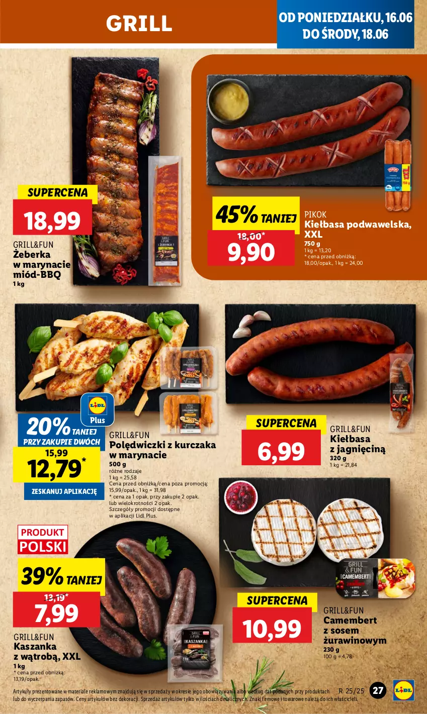 Gazetka promocyjna Lidl - GAZETKA - ważna 16.06 do 18.06.2025 - strona 31 - produkty: Camembert, Grill, Kasza, Kaszanka, Kiełbasa, Kiełbasa podwawelska, Kurczak, Miód, PIKOK, Polędwiczki z kurczaka, Sos, Wawel, Wino