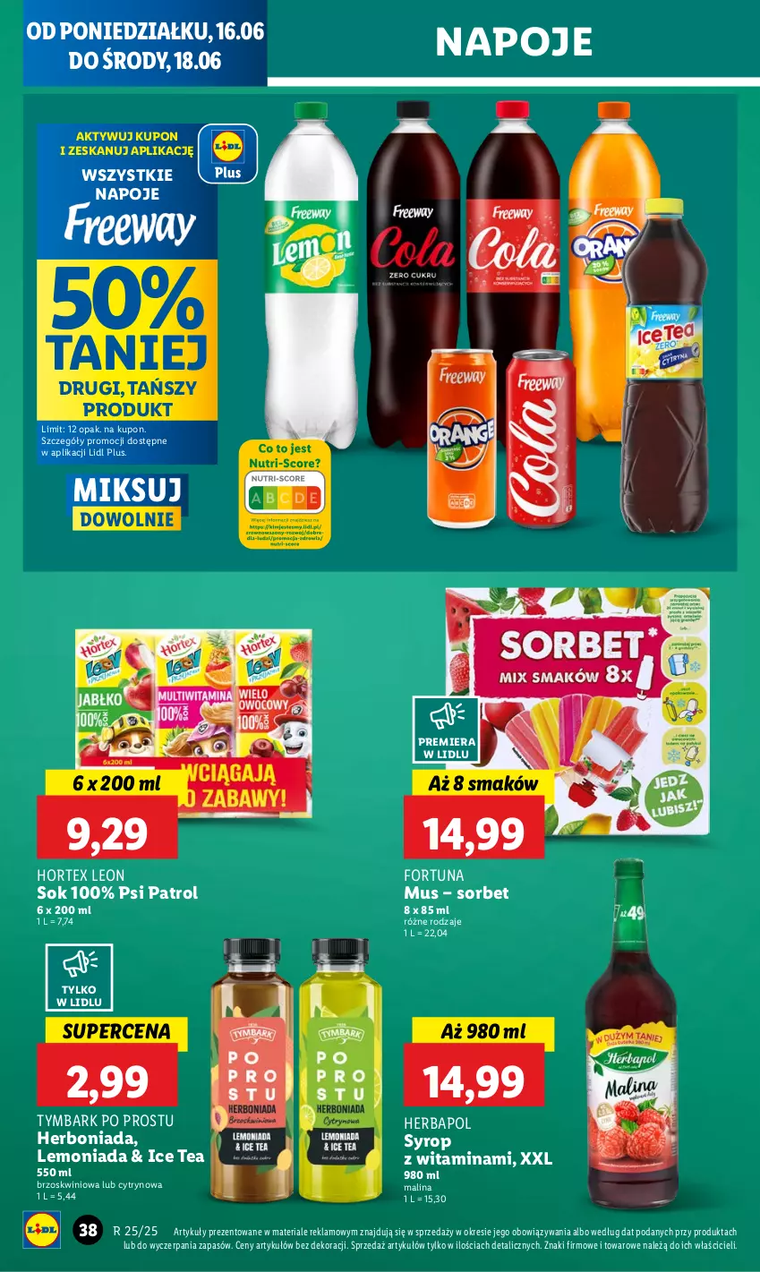 Gazetka promocyjna Lidl - GAZETKA - ważna 16.06 do 18.06.2025 - strona 46 - produkty: Fortuna, Herbapol, Hortex, Ice tea, Lemoniada, Leon, Mus, Napoje, Psi Patrol, Sok, Syrop, Tymbark