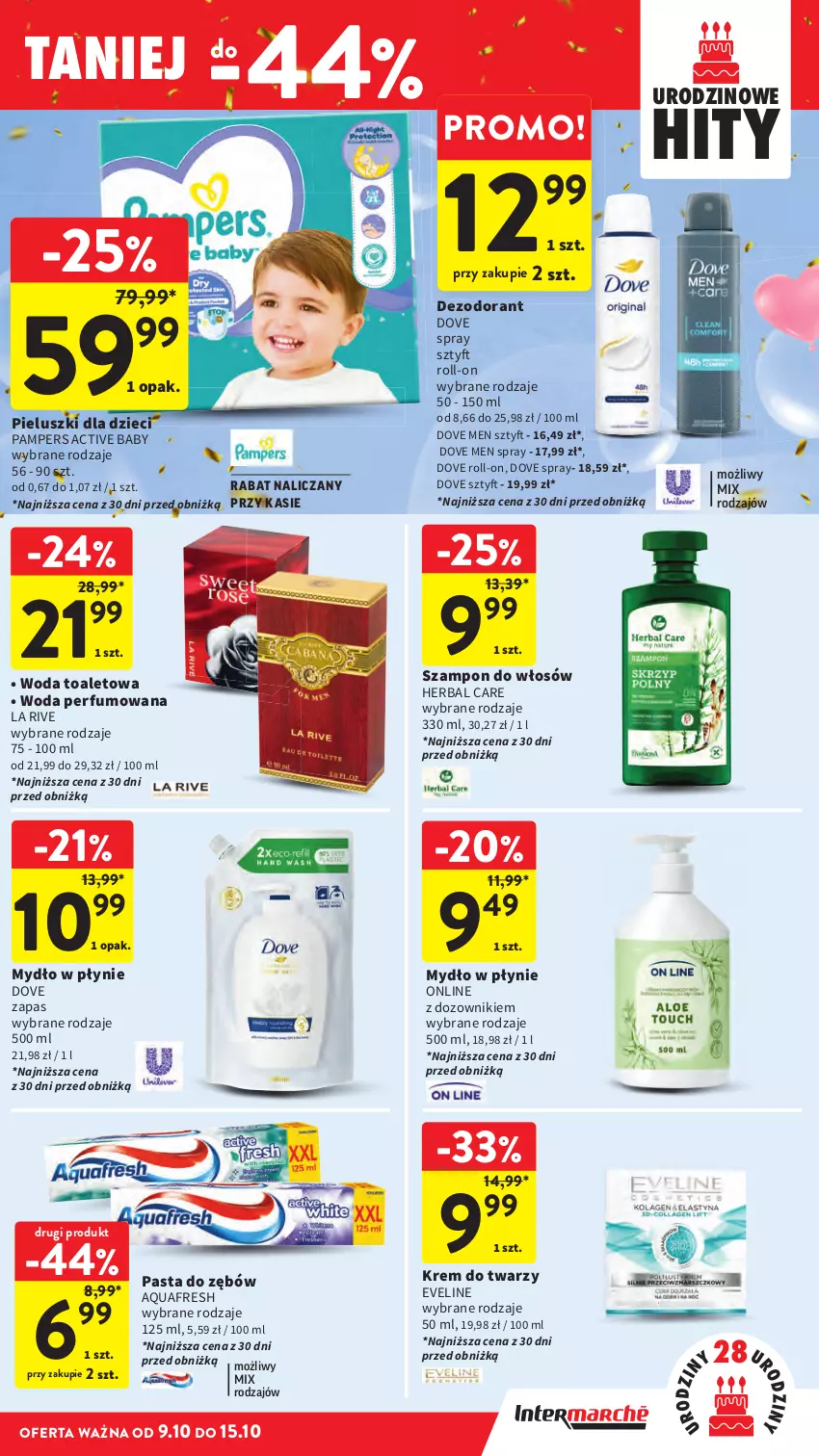 Gazetka promocyjna Intermarche - Gazetka promocyjna - ważna 09.10 do 15.10.2025 - strona 43 - produkty: Aquafresh, Dezodorant, Dove, Dozownik, Dzieci, Eveline, Krem do twarzy, La Rive, Mydło, Mydło w płynie, Pampers, Pasta do zębów, Perfum, Szampon, Woda, Woda perfumowana, Woda toaletowa