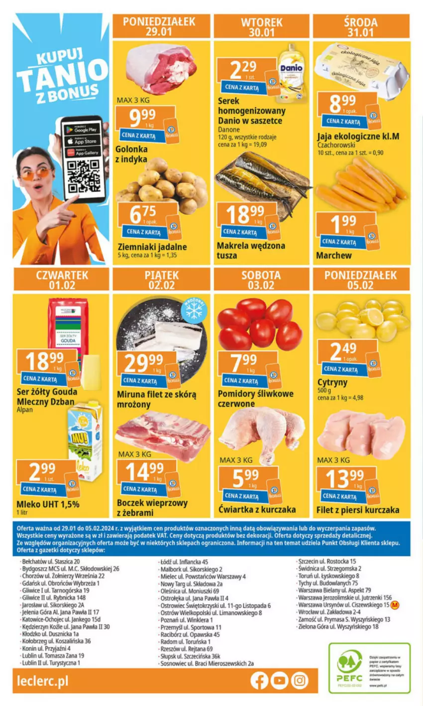 Gazetka promocyjna E Leclerc - ważna 29.01 do 05.02.2024 - strona 4 - produkty: Cytryny, Danio, Danone, Filet z piersi kurczaka, Gouda, Gra, HP, Jaja, Kosz, Kurczak, Mleko, Pomidory, Por, Ser, Serek, Sos, Sport, Stock, Szal, Top, Tusz, Ziemniaki