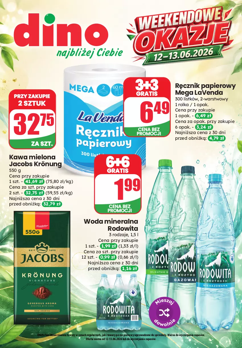 Gazetka promocyjna Dino - Katalog - Weekendowe Okazje - ważna 12.06 do 13.06.2026 - strona 1 - produkty: Gra, Jacobs, Jacobs Krönung, Kawa, Kawa mielona, Papier, Ręcznik, Woda, Woda mineralna