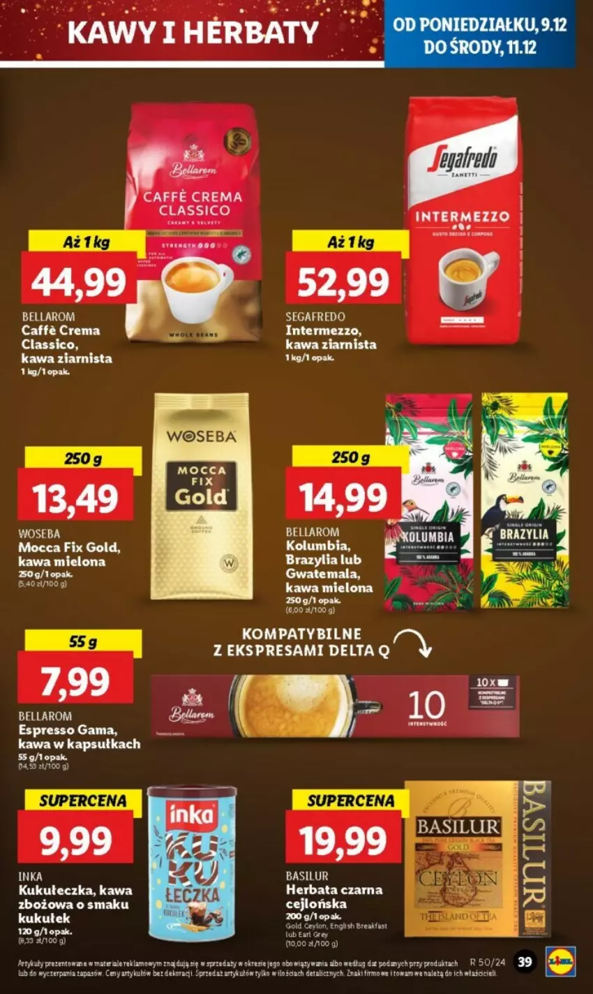 Gazetka promocyjna Lidl - ważna 09.12 do 24.12.2024 - strona 38 - produkty: Bell, Bella, Fa, Herbata, Herbata czarna, Inka, Kawa, Kawa mielona, Kawa zbożowa, Mocca Fix Gold, Rum, Segafredo, Woseba