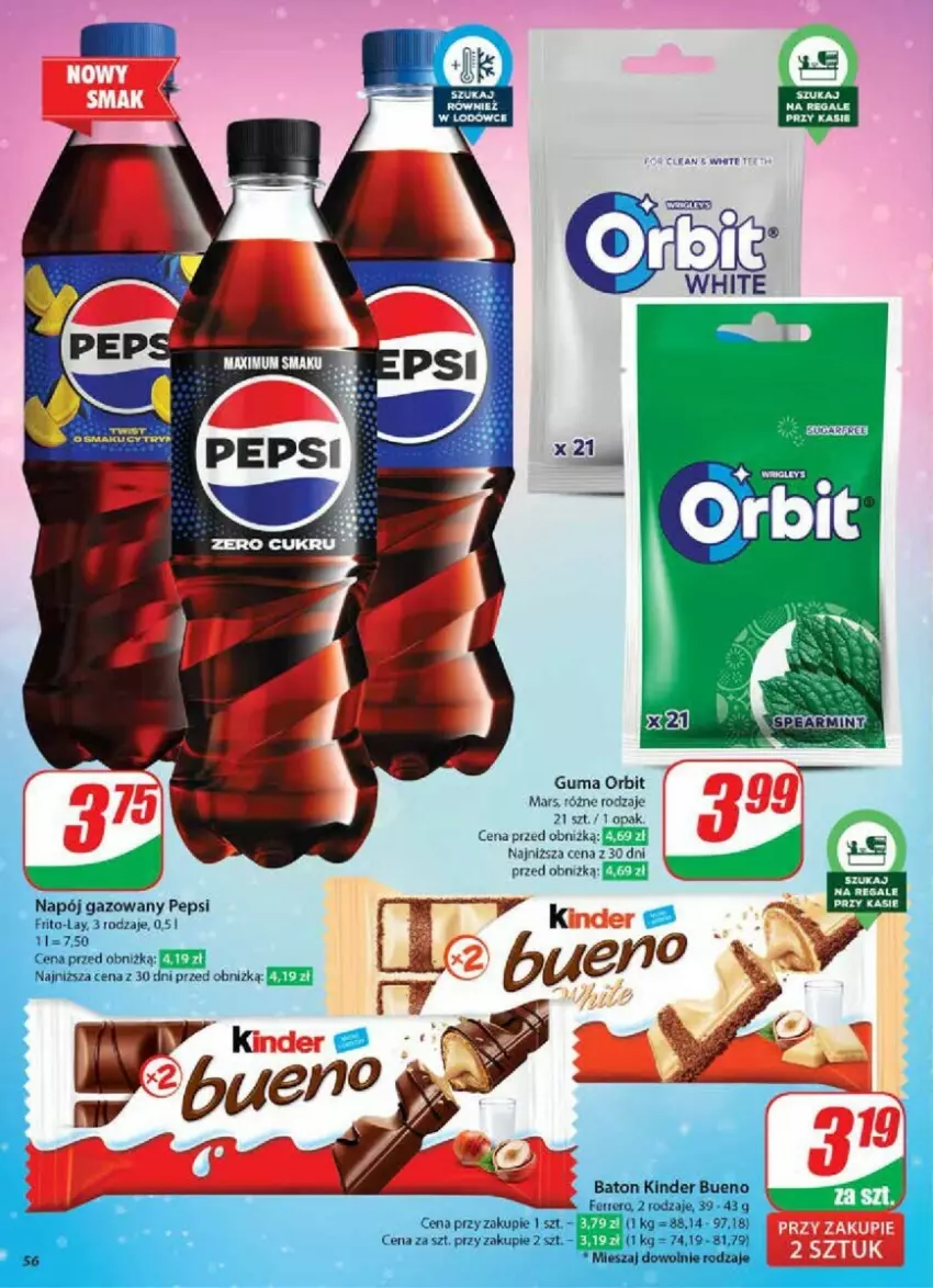 Gazetka promocyjna Dino - ważna 15.01 do 21.01.2025 - strona 52 - produkty: Baton, Ferrero, Kinder, Kinder Bueno, Mars, Napój, Napój gazowany, Orbit, Pepsi