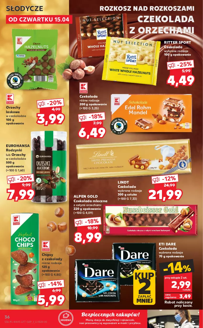 Gazetka promocyjna Kaufland - OFERTA TYGODNIA - ważna 15.04 do 21.04.2021 - strona 36 - produkty: BIC, Chipsy, Czekolada, Czekolada mleczna, Kosz, Lindt, Orzechy w czekoladzie, Piec, Por, Ritter Sport, Rodzynki, Sport