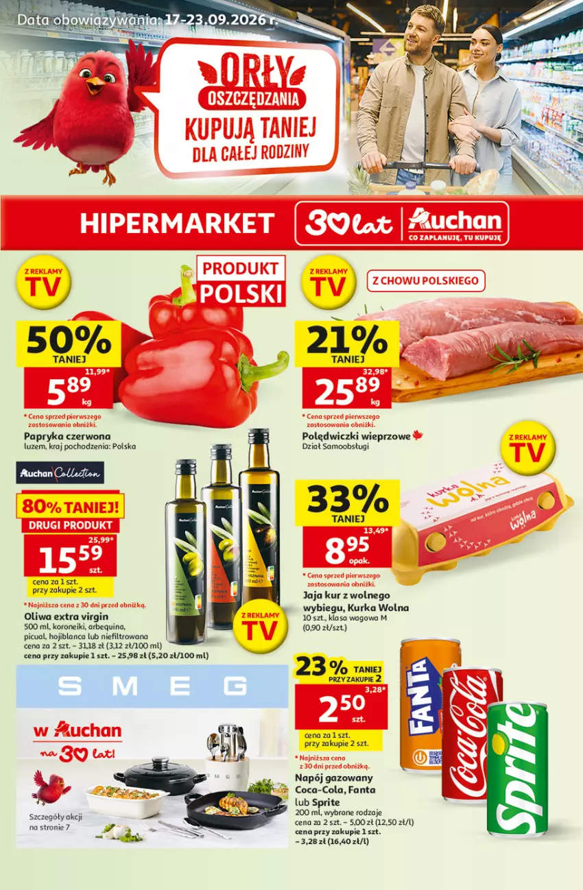 Gazetka promocyjna Auchan - 30 Lat Hipermarket - ważna 17.09 do 23.09.2026 - strona 1 - produkty: Coca-Cola, Fa, Fanta, Gin, Jaja, Napój, Napój gazowany, Oliwa, Papryka, Papryka czerwona, Sprite