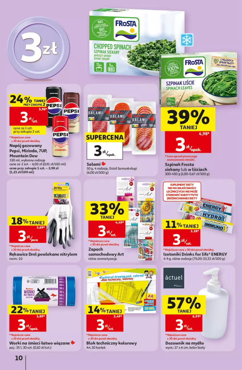 Gazetka promocyjna Auchan - 30 Lat Hipermarket - ważna 17.09 do 23.09.2026 - strona 10 - produkty: 7up, Dozownik, Frosta, Mirinda, Mydło, Napój, Napój gazowany, Pepsi, Rękawice, Salami, Suplement diety, Szpinak, Tonik, Worki na śmiec, Worki na śmieci, Znicz