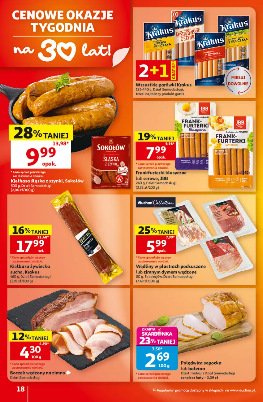 Gazetka promocyjna Auchan - 30 Lat Hipermarket - ważna 17.09 do 23.09.2026 - strona 18 - produkty: Boczek, Frankfurterki, Gra, Kiełbasa, Krakus, Parówki, Polędwica, Ser