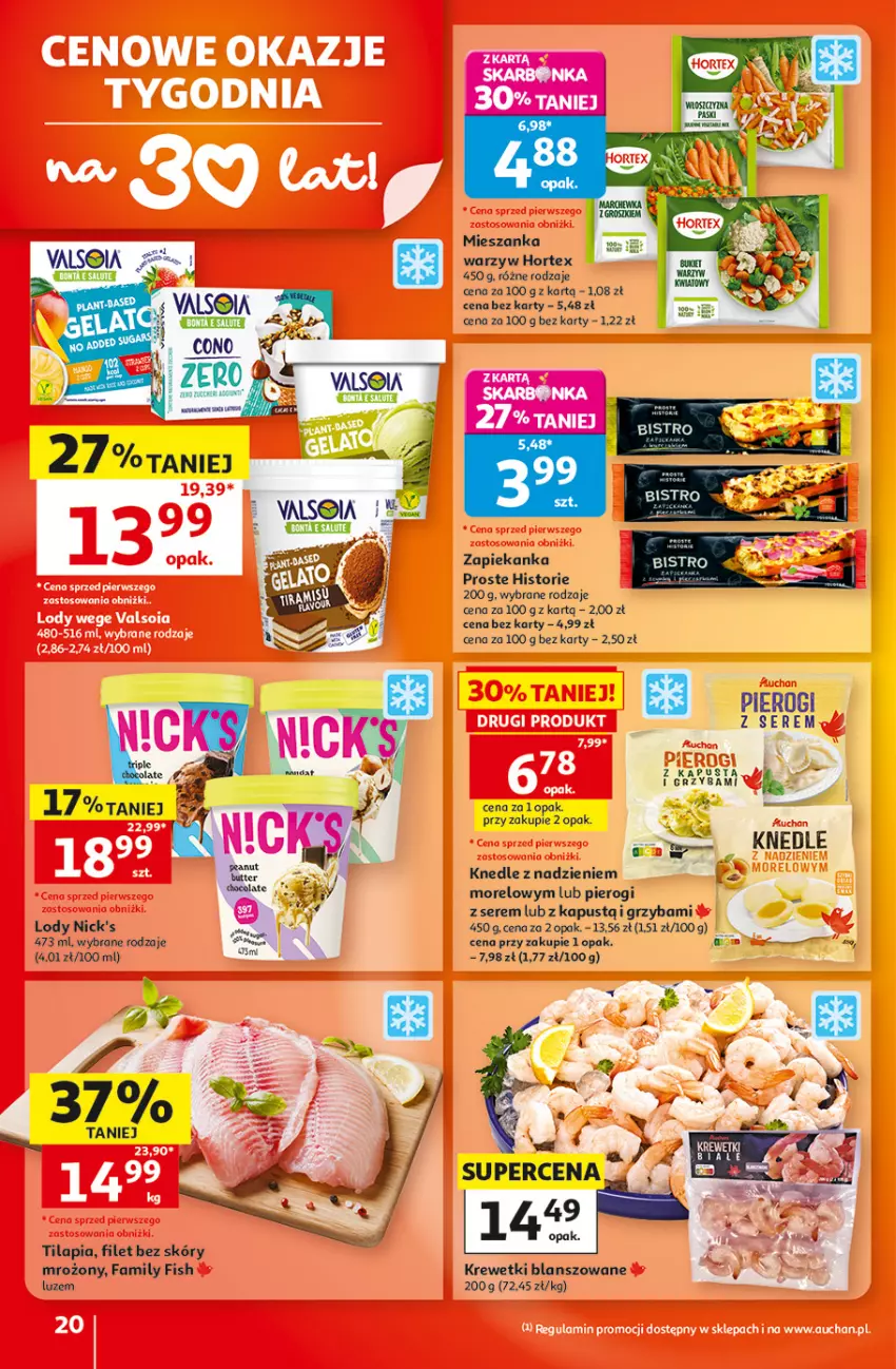 Gazetka promocyjna Auchan - 30 Lat Hipermarket - ważna 17.09 do 23.09.2026 - strona 20 - produkty: AEG, Fa, Hortex, Kapustą, Knedle, Krewetki, Lody, Mieszanka warzyw, Pierogi, Ser, Tilapia, Zapiekanka