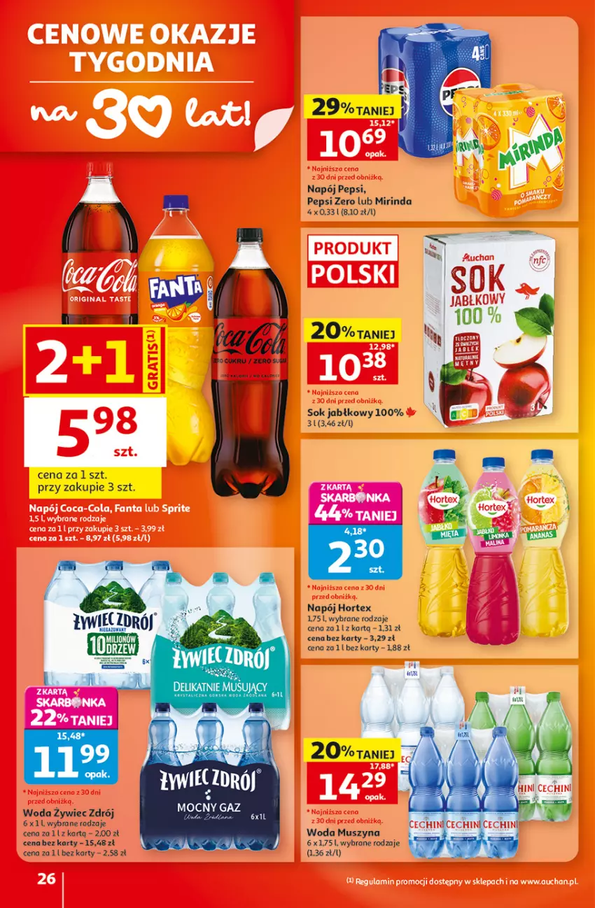 Gazetka promocyjna Auchan - 30 Lat Hipermarket - ważna 17.09 do 23.09.2026 - strona 26 - produkty: Hortex, Mirinda, Mus, Napój, Pepsi, Sok, Sok jabłkowy, Szyna, Woda