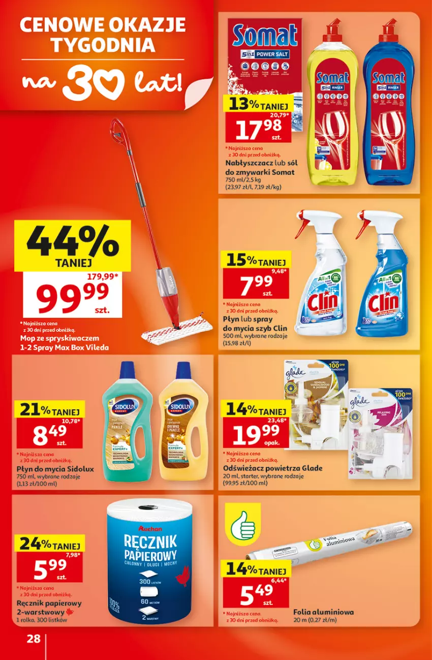 Gazetka promocyjna Auchan - 30 Lat Hipermarket - ważna 17.09 do 23.09.2026 - strona 28 - produkty: Clin, Folia aluminiowa, Odświeżacz powietrza, Papier, Płyn do mycia, Ręcznik, Sidolux, Sól, Somat, Zmywarki
