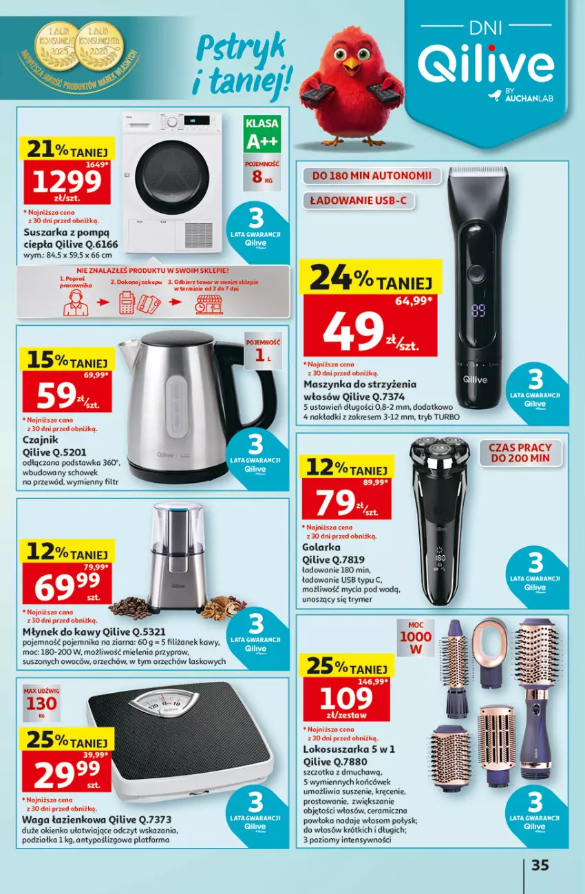 Gazetka promocyjna Auchan - 30 Lat Hipermarket - ważna 17.09 do 23.09.2026 - strona 35 - produkty: Czajnik, Dźwig, Golarka, Maszynka, Młynek, Młynek do kawy, Pojemnik, Przewód, Suszarka, Szczotka, Szynka, Waga, Waga łazienkowa