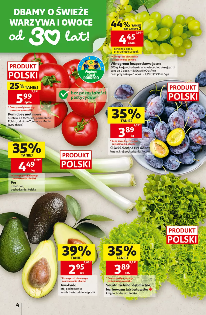 Gazetka promocyjna Auchan - 30 Lat Hipermarket - ważna 17.09 do 23.09.2026 - strona 4 - produkty: Pomidory, Por, Sałat, Wino, Winogrona, Winogrona bezpestkowe