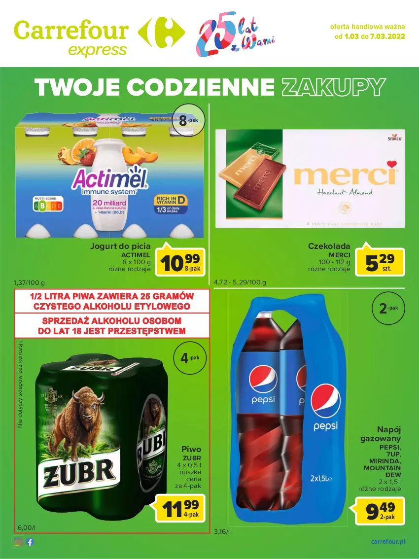 Gazetka promocyjna Carrefour - Gazetka Express - ważna 01.03 do 07.03.2022 - strona 2 - produkty: 7up, Actimel, Czekolada, Gra, Jogurt, Merci, Mirinda, Napój, Napój gazowany, Pepsi, Piwa, Piwo