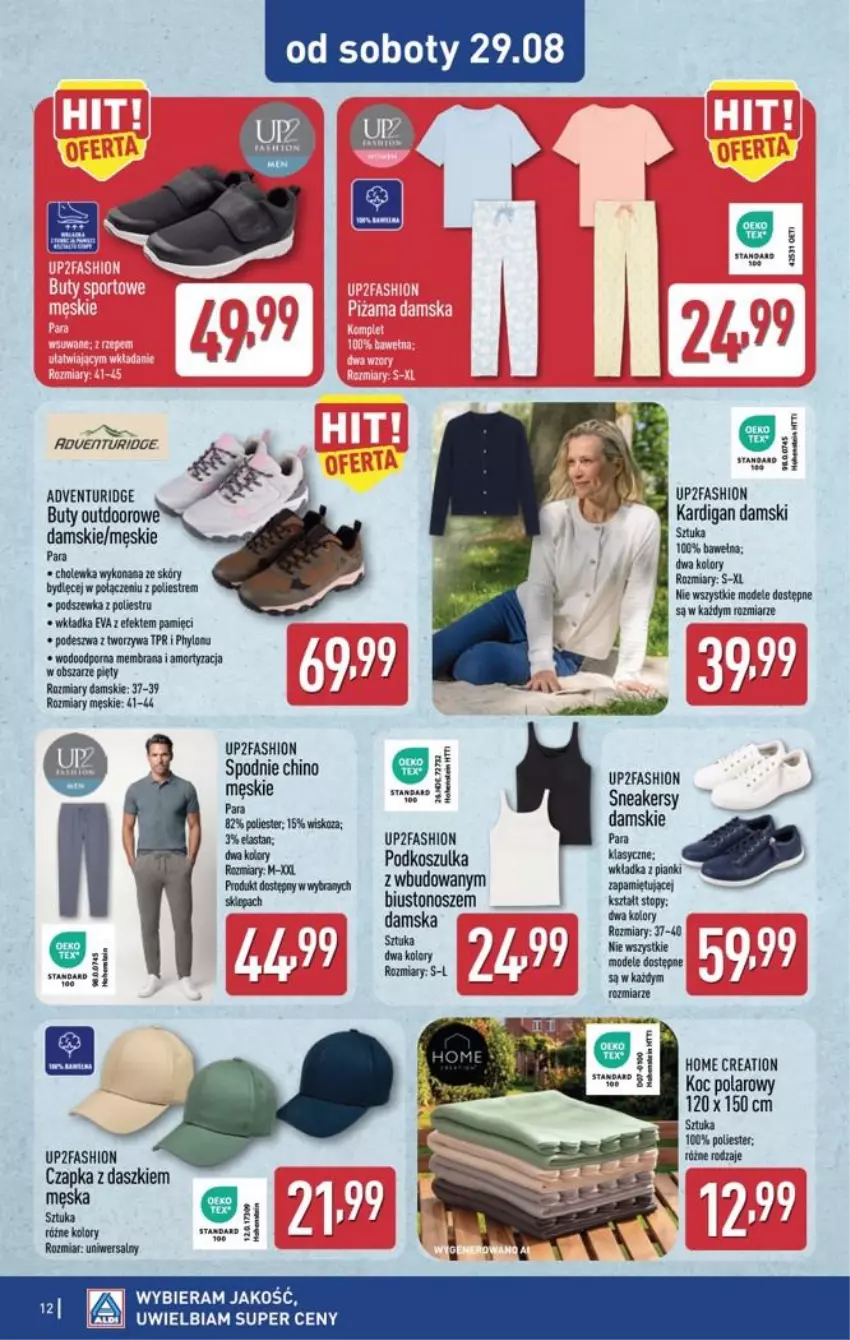 Gazetka promocyjna Aldi - Przygotuj się na kolejny tydzień - ważna 26.08 do 29.08.2026 - strona 12 - produkty: Biustonosz, Buty, Czapka, Fa, Kardigan, Kosz, Koszulka, Por, Sneakersy, Spodnie, Top, Wełna
