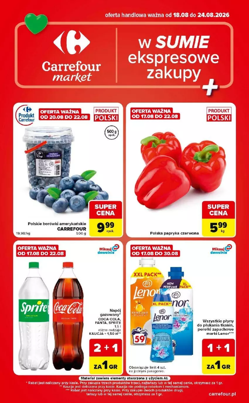 Gazetka promocyjna Carrefour - Gazetka Market w SUMIE ekspresowe zakupy - ważna 18.08 do 24.08.2026 - strona 1 - produkty: Coca-Cola, Fa, Fanta, Lenor, Napój, Napój gazowany, Papryka, Papryka czerwona, Perełki zapachowe, Sprite