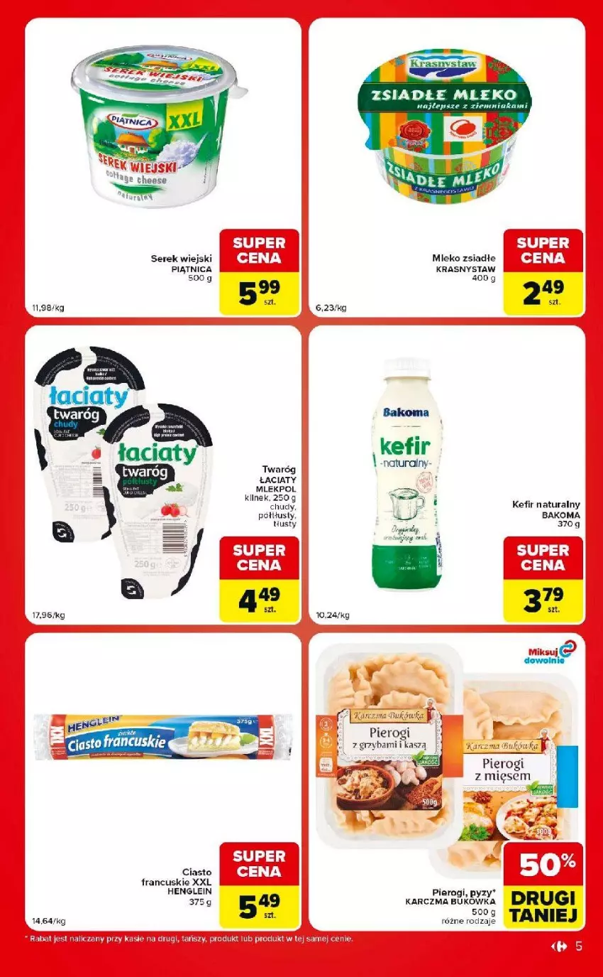 Gazetka promocyjna Carrefour - Gazetka Market w SUMIE ekspresowe zakupy - ważna 18.08 do 24.08.2026 - strona 5 - produkty: Bakoma, Fa, Kefir, Kefir naturalny, Mleko, Mleko zsiadłe, Piątnica, Pierogi, Ser, Serek, Serek wiejski, Twaróg