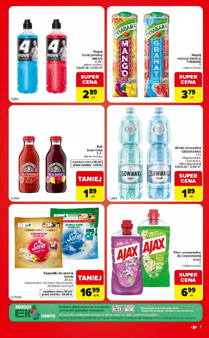 Gazetka promocyjna Carrefour - Gazetka Market w SUMIE ekspresowe zakupy - ważna 18.08 do 24.08.2026 - strona 7 - produkty: Ajax, Cisowianka, Dawtona, Kapsułki do prania, Napój, Owoce, Sok, Tymbark, Woda, Woda mineralna