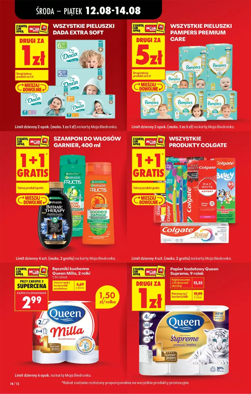Gazetka promocyjna Biedronka - Od Środy - ważna 12.08 do 14.08.2026 - strona 18 - produkty: Colgate, Garnier, Gra, Lack, LG, Pampers, Papier, Papier toaletowy, Por, Ręcznik, Rolki, Szampon