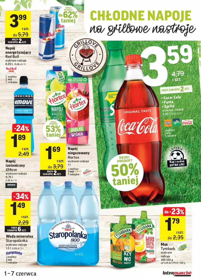 Gazetka promocyjna Intermarche - ważna 01.06 do 07.06.2021 - strona 19 - produkty: Fa, Fanta, Grill, Hortex, Mus, Napój, Napój izotoniczny, Napój niegazowany, Napoje, Red Bull, Sprite, Staropolanka, Tymbark, Woda, Woda mineralna