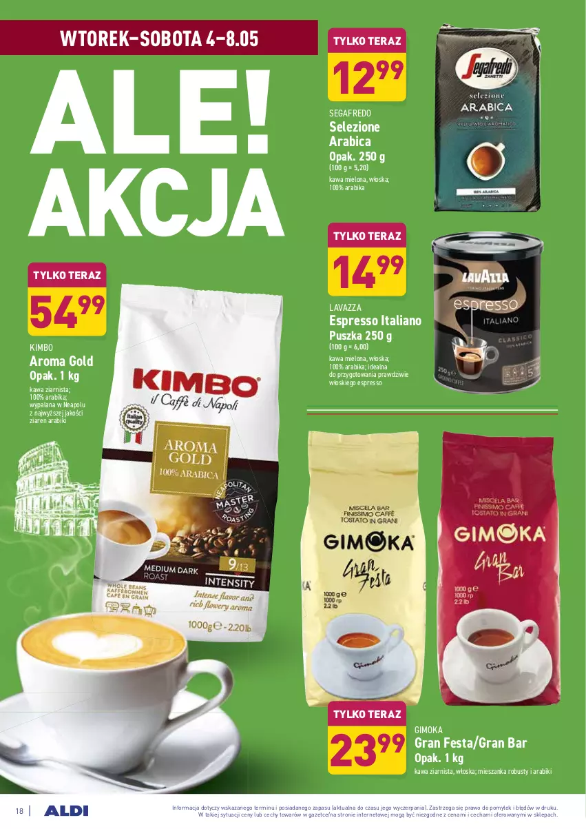 Gazetka promocyjna Aldi - ważna 04.05 do 08.05.2021 - strona 18 - produkty: BIC, Gimoka, Gra, Kawa, Kawa mielona, Kawa ziarnista, LANA, Lavazza, Segafredo, Tera