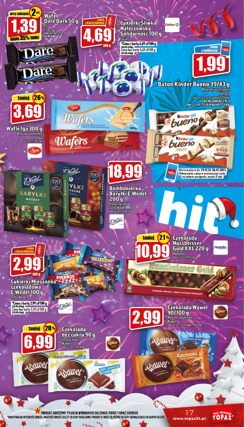 Gazetka promocyjna Topaz - Gazetka - ważna 29.12.2022 do 04.01.2023 - strona 17 - produkty: Baton, Ferrero, Kinder, Sok, Top, Whisky