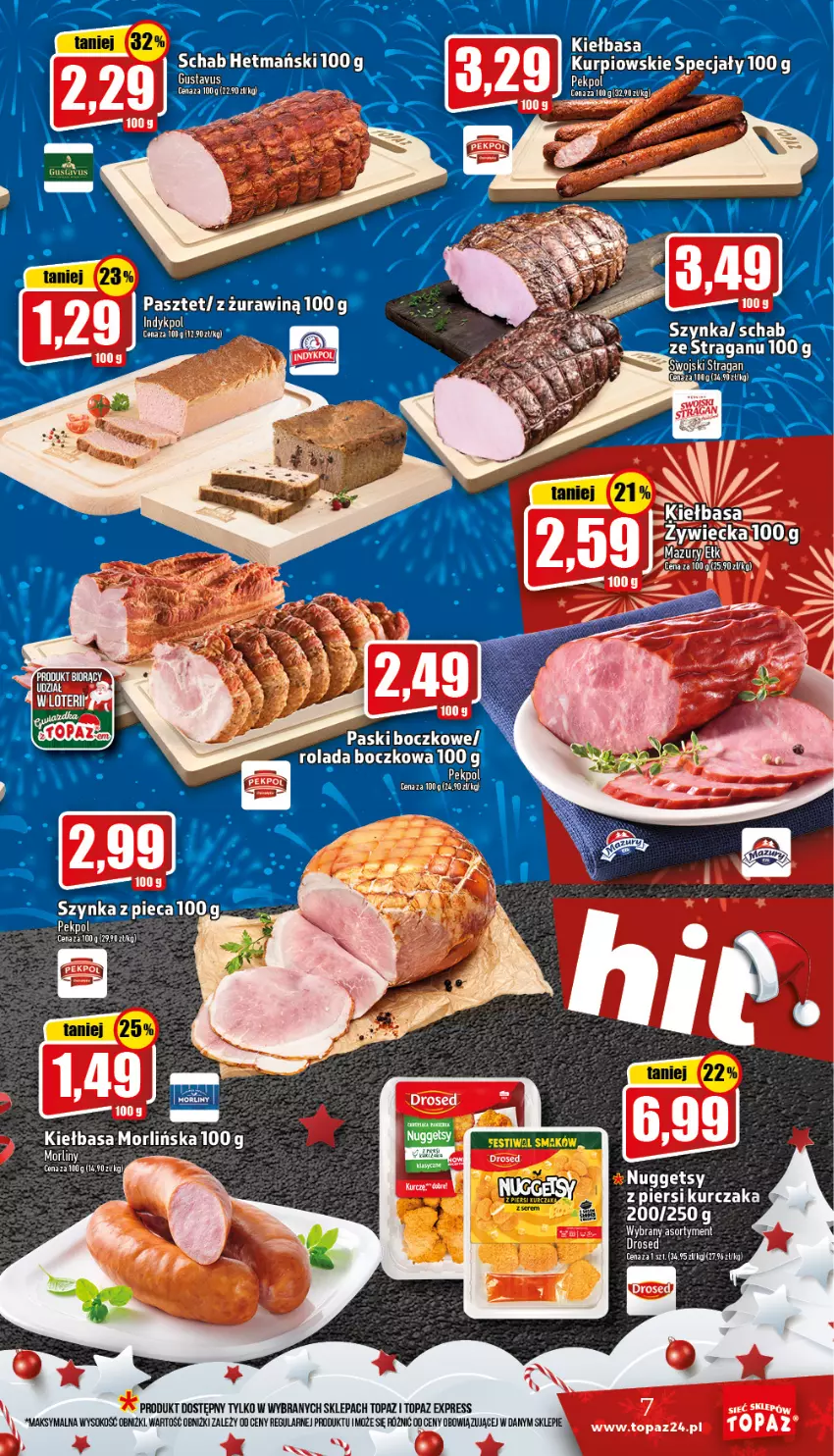 Gazetka promocyjna Topaz - Gazetka - ważna 29.12.2022 do 04.01.2023 - strona 7 - produkty: Kiełbasa, Kurczak, LG, Morliny, Pasztet, Piec, Rolada, Sok, Szynka, Top