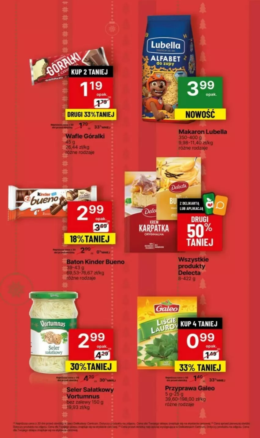 Gazetka promocyjna Delikatesy Centrum - ważna 18.12 do 20.12.2023 - strona 9 - produkty: Baton, Bell, Bella, Delecta, Góralki, Gra, Kinder, Kinder Bueno, Lubella, Makaron, Sałat, Wafle