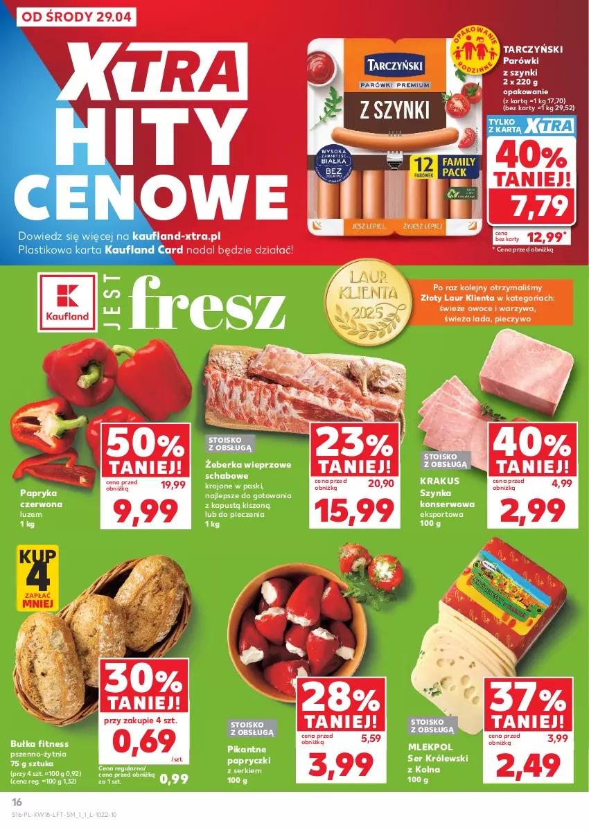 Gazetka promocyjna Kaufland - Gazetka tygodnia - ważna 29.04 do 06.05.2026 - strona 16 - produkty: Bułka, Bułka fitness, Kapustą, Krakus, Królewski, Laur, Olej, Owoce, Papryka, Papryka czerwona, Parówki, Parówki z szynki, Piec, Pieczywo, Por, Ser, Sport, Szynka, Szynka konserwowa, Tarczyński, Warzywa