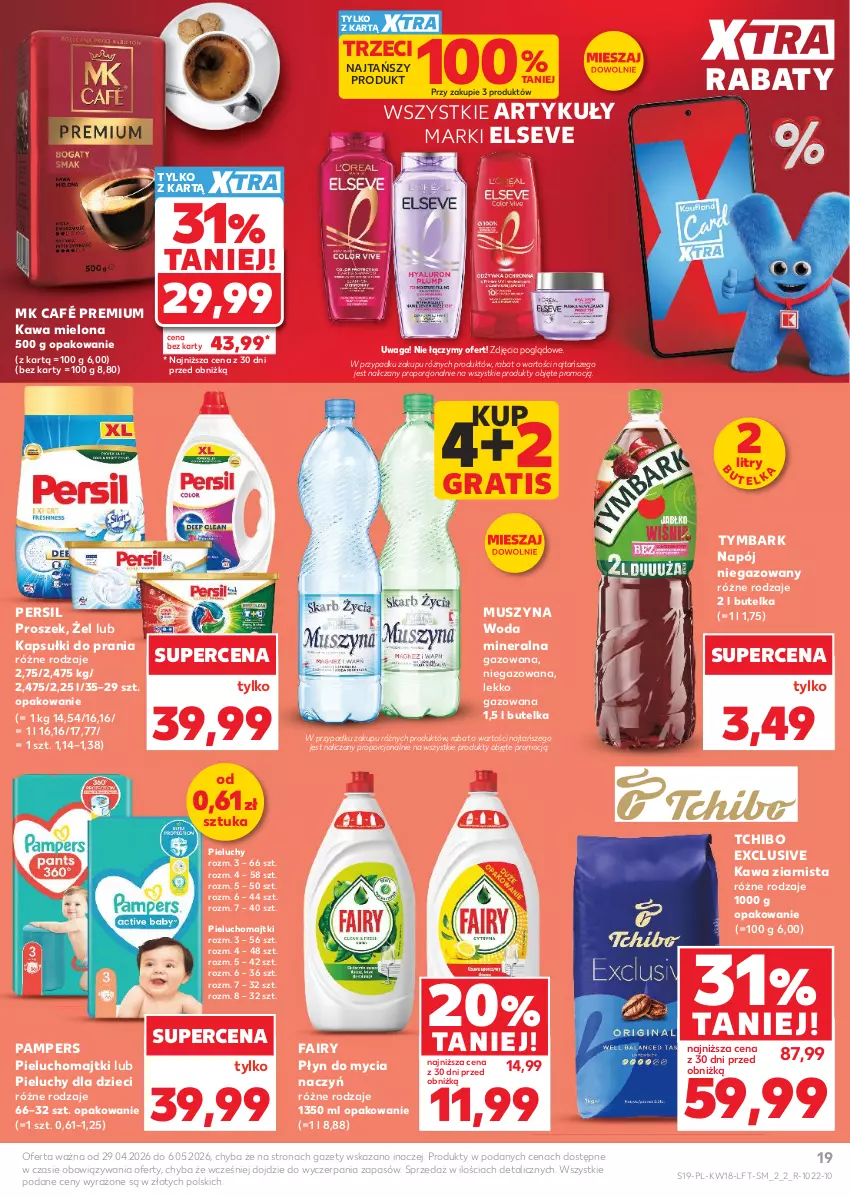 Gazetka promocyjna Kaufland - Gazetka tygodnia - ważna 29.04 do 06.05.2026 - strona 19 - produkty: Do mycia naczyń, Dzieci, Elseve, Fa, Fairy, Gra, Kapsułki do prania, Kawa, Kawa mielona, Kawa ziarnista, Majtki, Mus, Napój, Napój niegazowany, Pampers, Persil, Pieluchomajtki, Pieluchy, Płyn do mycia, Płyn do mycia naczyń, Por, Szyna, Tchibo, Tymbark, Waga, Woda, Woda mineralna