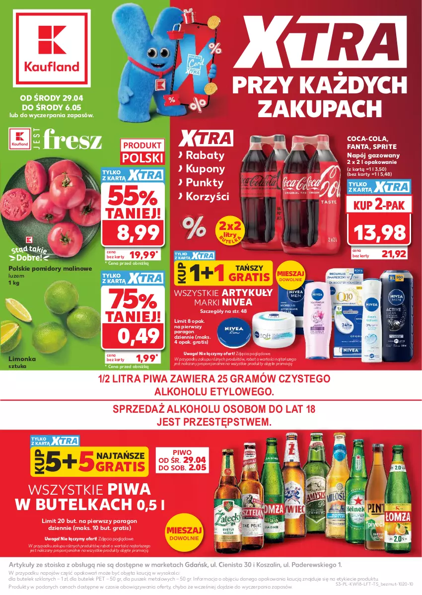 Gazetka promocyjna Kaufland - Gazetka tygodnia - ważna 29.04 do 06.05.2026 - strona 3 - produkty: Coca-Cola, Fa, Fanta, Gra, Kosz, Limonka, Napój, Napój gazowany, Nivea, Piwa, Piwo, Pomidory, Por, Sok, Sprite, Szal, Waga