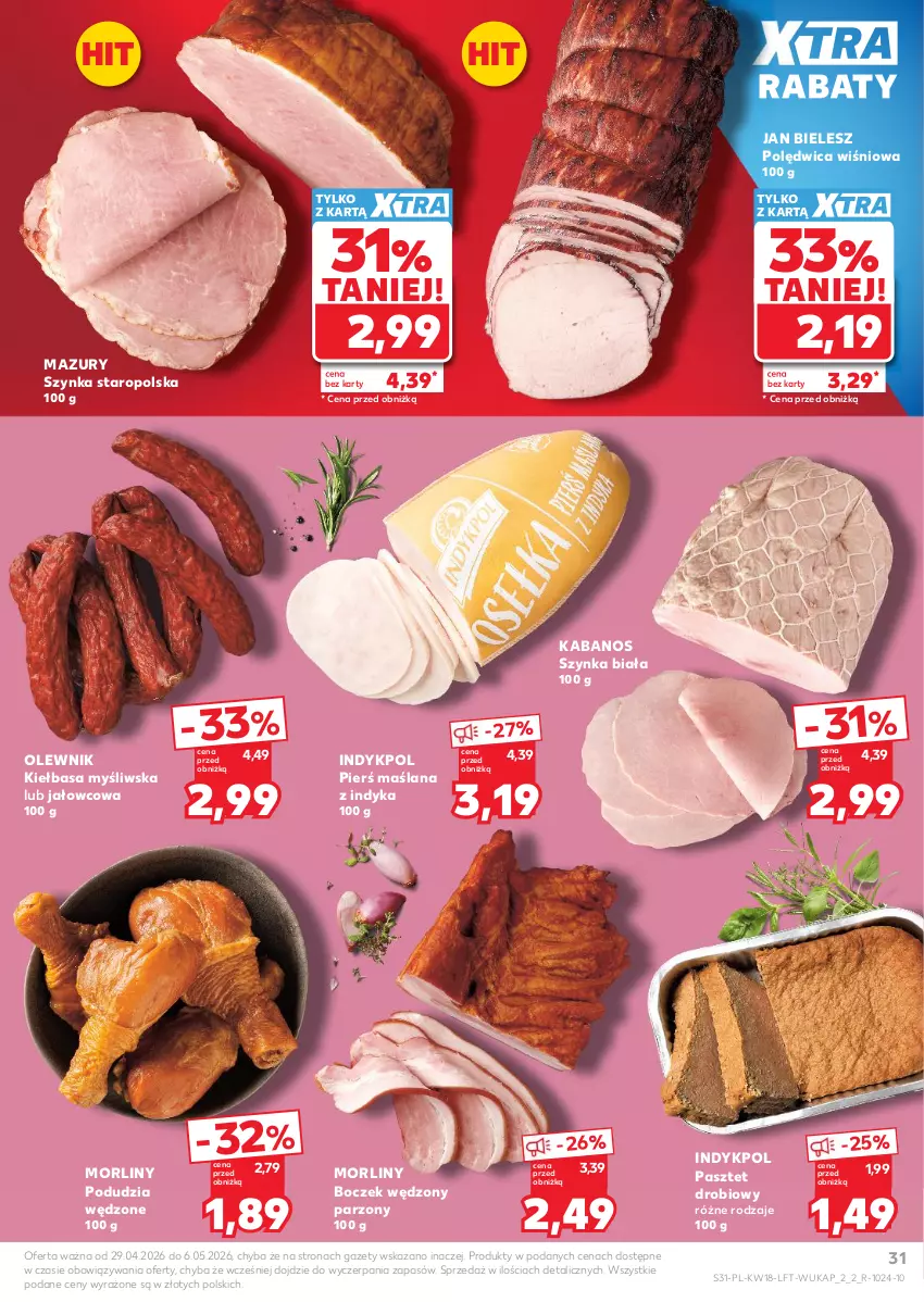 Gazetka promocyjna Kaufland - Gazetka tygodnia - ważna 29.04 do 06.05.2026 - strona 31 - produkty: Boczek, Kabanos, Kiełbasa, LANA, Morliny, Olewnik, Pasztet, Polędwica, Szynka, Szynka biała