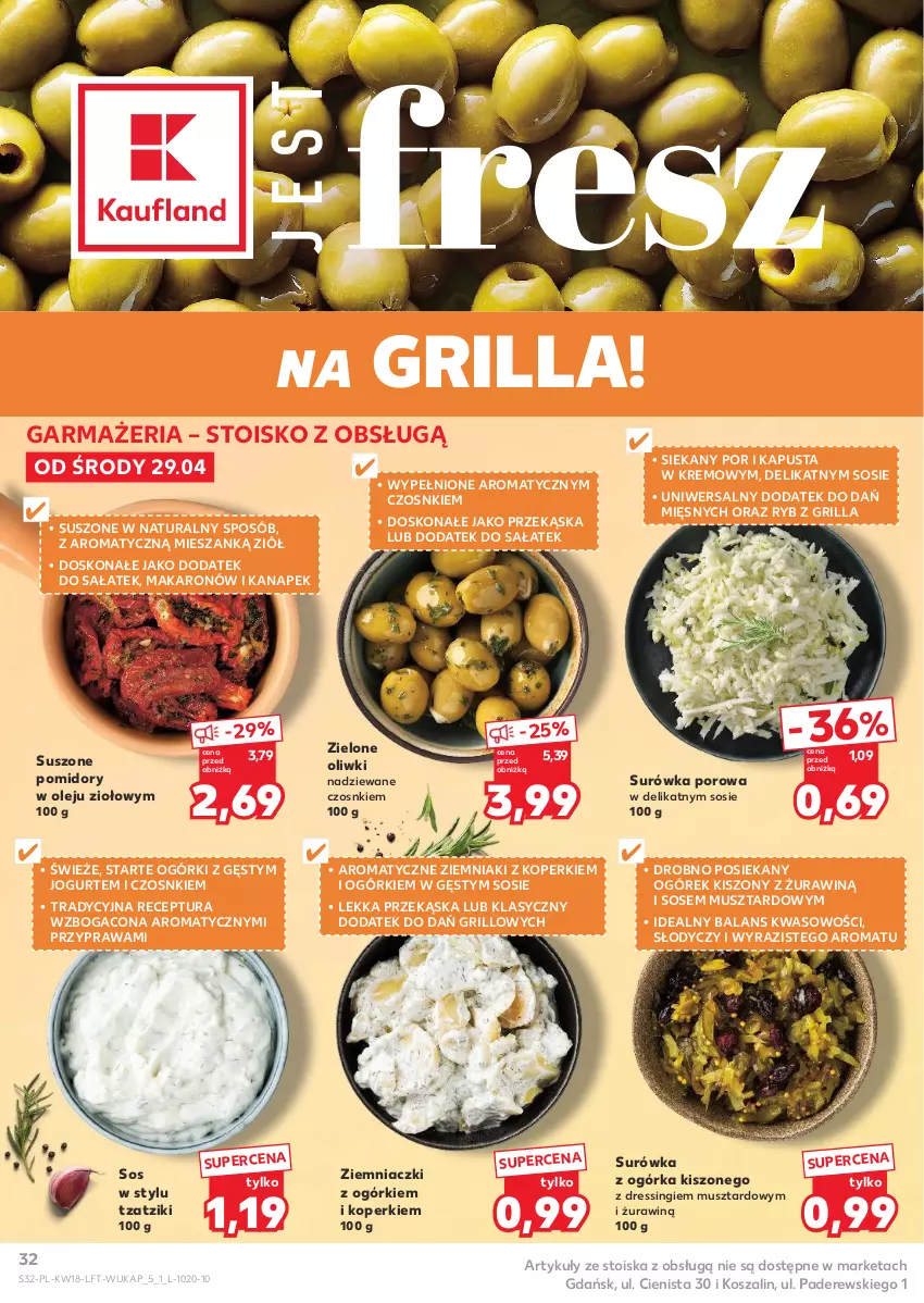 Gazetka promocyjna Kaufland - Gazetka tygodnia - ważna 29.04 do 06.05.2026 - strona 32 - produkty: Dres, Grill, Jogurt, Kosz, Makaron, Mus, Ogórek, Olej, Oliwki, Pomidory, Por, Sałat, Sos, Surówka, Suszone pomidory, Szal, Ziemniaki